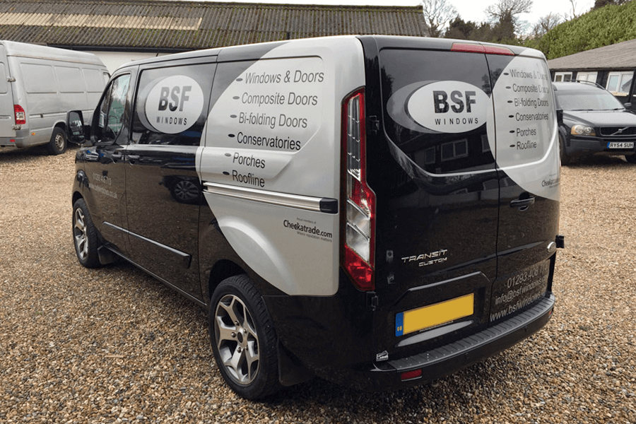 BSF windows black van with a focus on the back