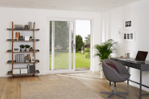 sliding patio doors opened made of white uPVC office interior